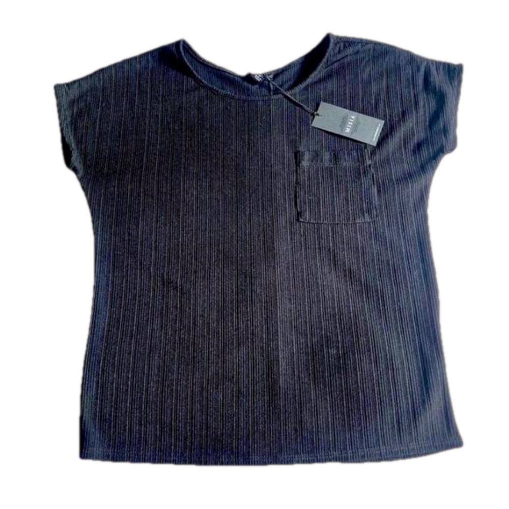Misia Ribbed Buttoned Back Chest Pocket Top Women’s Black Size Small